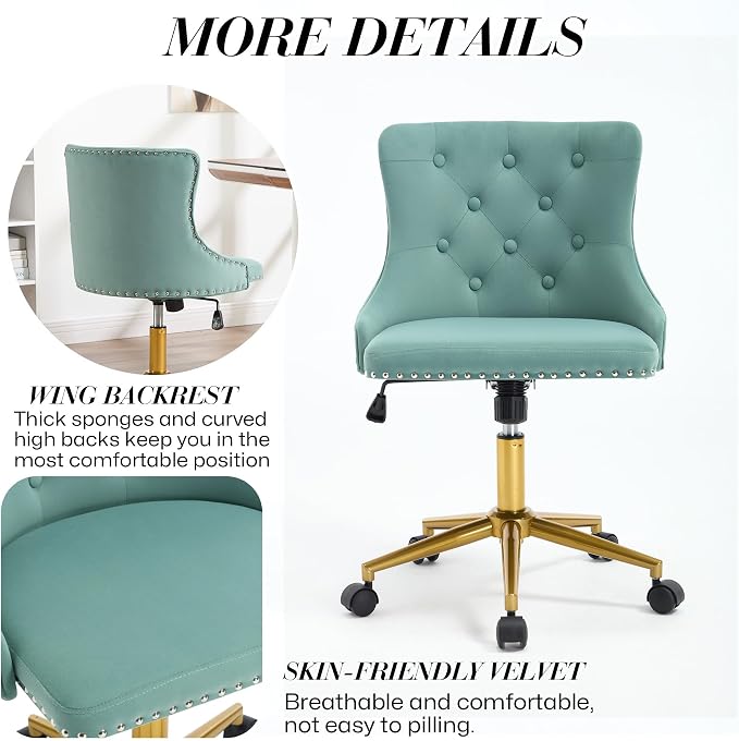 Velvet Armless Home Office Desk Chair, Swivel Height-Adjustable Small Cute Vanity Chair for Women/Girls, Comfy Makeup Chair with Rivet and Gold Base for Living Room, Bedroom(Green)