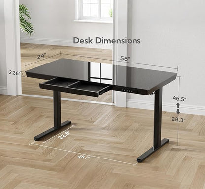 INNOVAR Glass Standing Desk with Drawers & USB Ports,55 inch Whole-Piece Glass Top Adjustable Height Desks, Quick-Install Electric Sit-Stand Up Desk for Home Office & Computer Workstation, Black