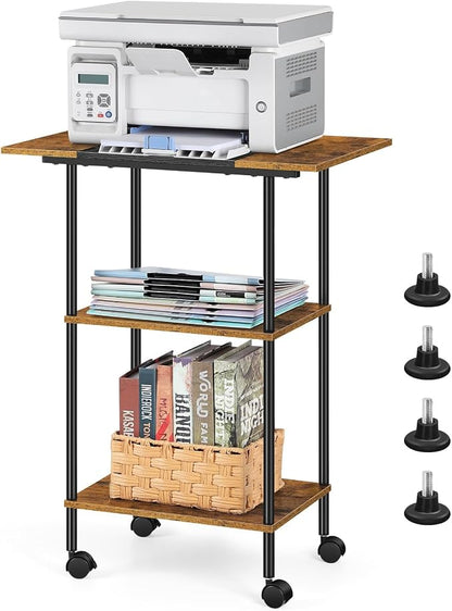Large Printer Stand with Storage Rolling Printer Cart with Wheels 3 Tier Printer Table with Storage Shelf for Home Office Filing Scanner Fax Machine Heat Press Microwave, Rustic Brown