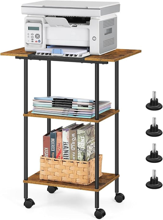 Large Printer Stand with Storage Rolling Printer Cart with Wheels 3 Tier Printer Table with Storage Shelf for Home Office Filing Scanner Fax Machine Heat Press Microwave, Rustic Brown