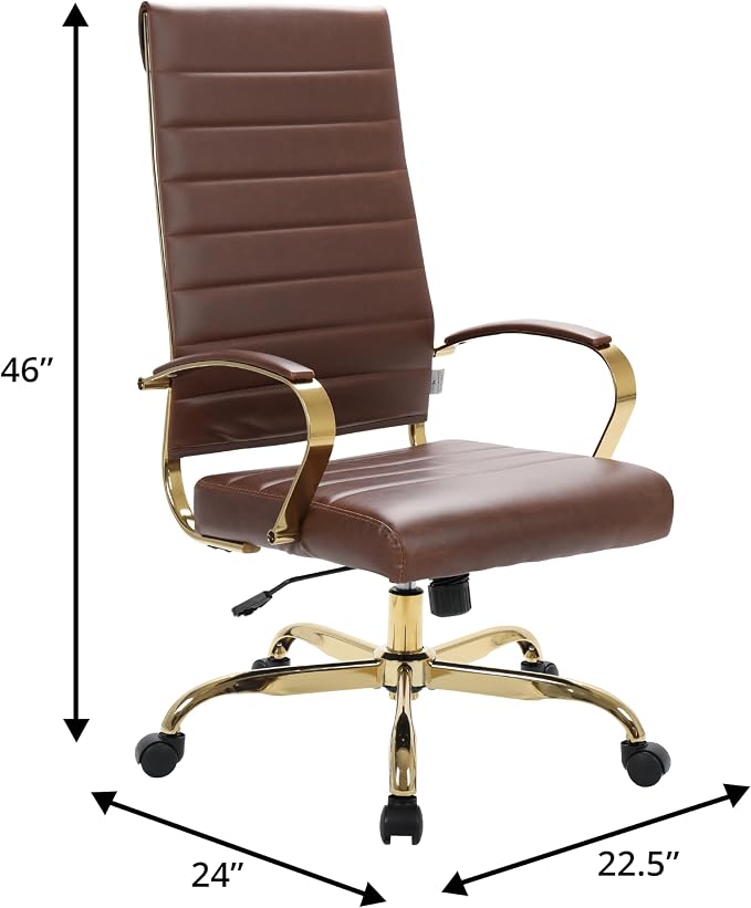 LeisureMod Modern High-Back Leather Office Chair - Swivel & Adjustable Executive Desk Chair with Gold Frame, Ergonomic Design for Home & Office (Brown, Set of 8)