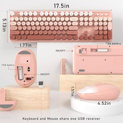 Links9+ Wireless Keyboard and Mouse, Full-Size Retro Typewriter Keyboard with Round Keycaps, 2.4GHz for Windows, Mac, Laptop, PC, Desktop (Peach Gradient)