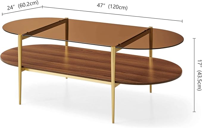 LumFurn X-Large Oval Glass Coffee Table, Mid-Century Modern Design, L47 x W24 x H17 inch, for Living Room, Amber Glass Top and Walnut Finish Wood Shelf, Conical Legs with Gold Finish Frame