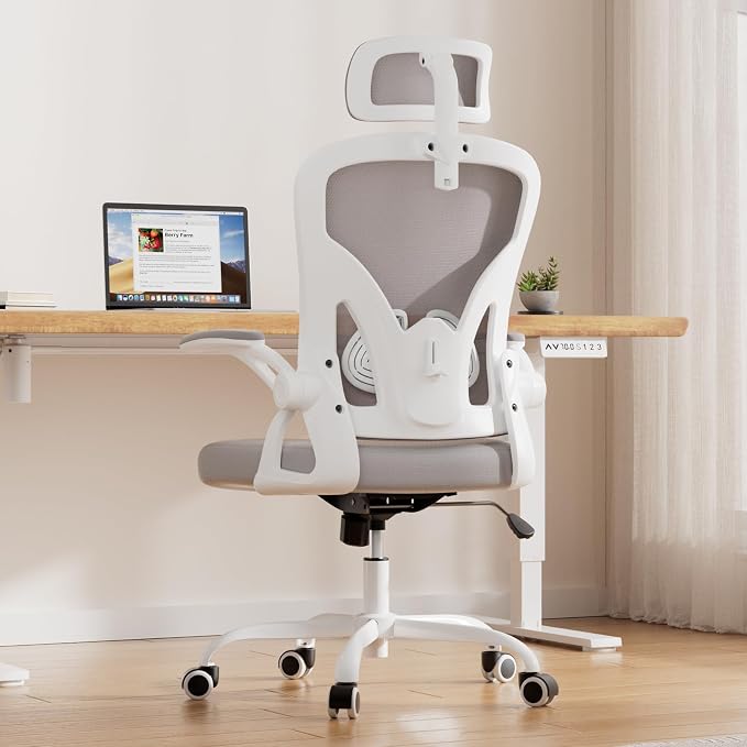 Farini Ergonomic Office Chair, Home Office Desk Chair with Headrest, High Back Swivel Computer Chair with Armrests and Adjustable Lumbar Support for Home Office Study Room, White & Grey