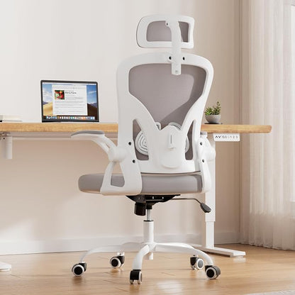 Farini Ergonomic Office Chair, Home Office Desk Chair with Headrest, High Back Swivel Computer Chair with Armrests and Adjustable Lumbar Support for Home Office Study Room, White & Grey