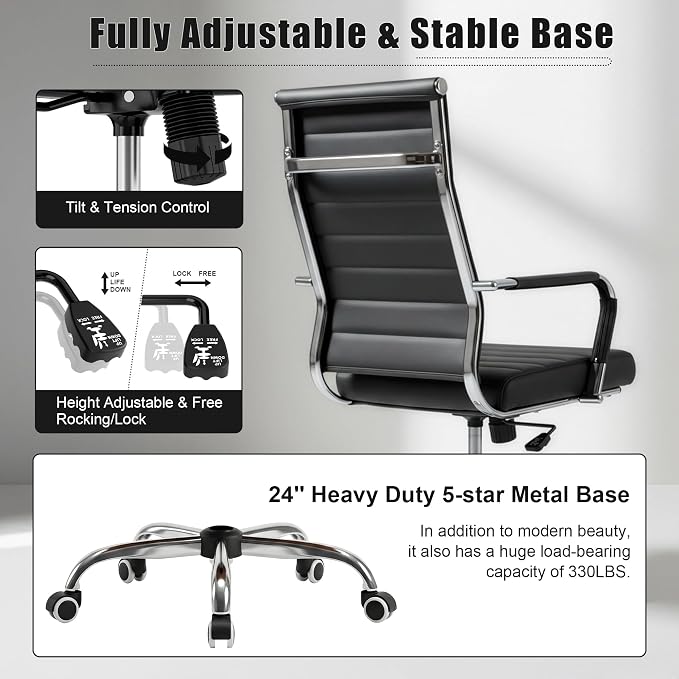 Okeysen Office Desk Chair, Ergonomic Leather Modern Conference Room Chairs, Executive Ribbed Adjustable Swivel Rolling Chair for Home Office.