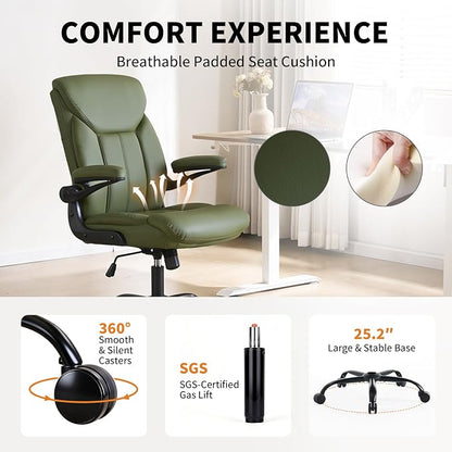 Home Office Ergonomic Desk Chair - Comfy Leather Executive Chair with Flip-Up Armrests, Height Adjustable Computer Chair for Gaming, 360° Swivel & Rocking (Green)