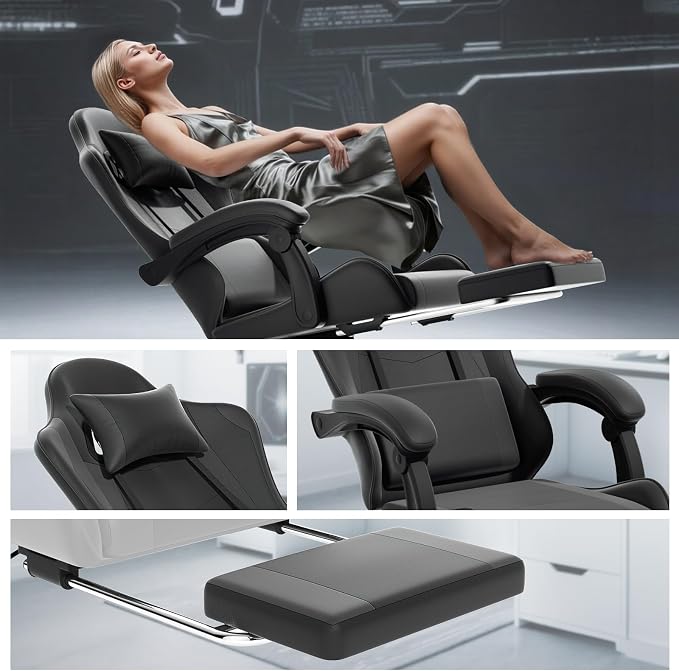 Athena Collection Ergonomic Gaming Chair with Footrest & Headrest Lumbar Support, Height Adjustable Swivel Office Chair Reclining Game Chair High Back Computer Chair for Adults, Carbon Fiber Black