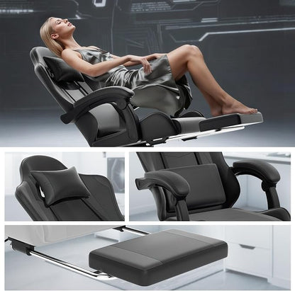 Athena Collection Ergonomic Gaming Chair with Footrest & Headrest Lumbar Support, Height Adjustable Swivel Office Chair Reclining Game Chair High Back Computer Chair for Adults, Carbon Fiber Black