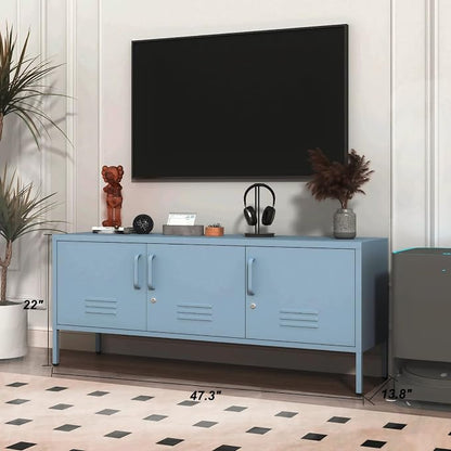Blue Industrial Metal TV Stand with Lockable Storage Cabinet, Wide 3-Door Media Console, Adjustable Shelves, Multipurpose Accent Cabinet for Living Room Bedroom Home Office