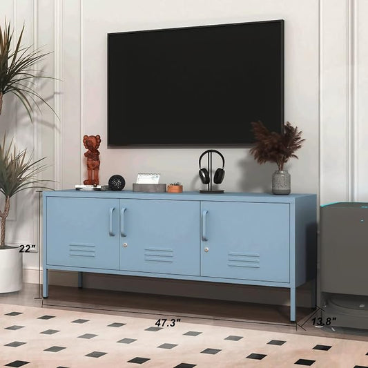 Blue Industrial Metal TV Stand with Lockable Storage Cabinet, Wide 3-Door Media Console, Adjustable Shelves, Multipurpose Accent Cabinet for Living Room Bedroom Home Office