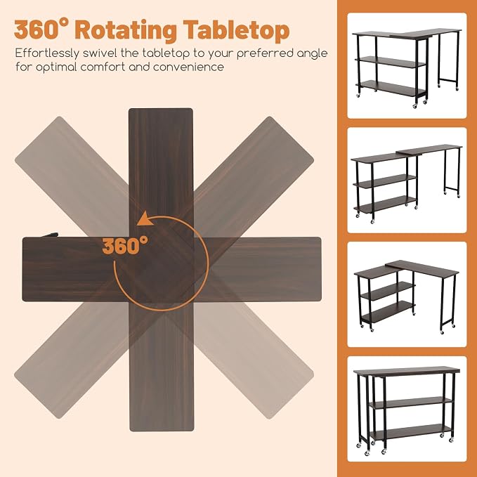 GOFLAME 360° Rotating Sofa Side Table, Mobile Couch Side End Table with 2-Tier Storage Shelves, Swivel Rolling Desk w/Metal Frame, 6 Casters, Movable Laptop Table for Home Office, Patented, Walnut