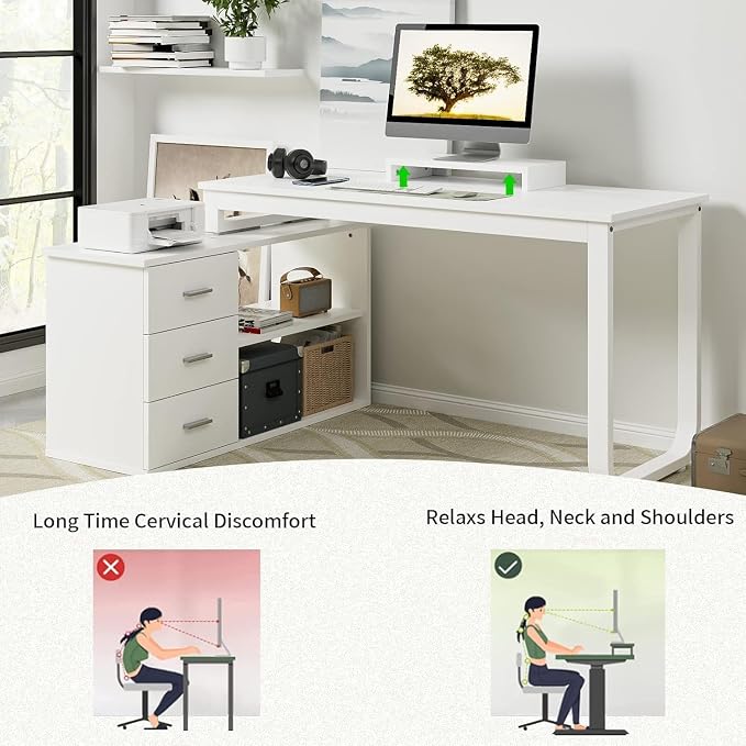 MaverickFurni 55" White Desk with Drawers and Shelves, Reversible L Shaped Desk with Monitor Stand, Home Office Desk with Storage for Work Writing Study, White