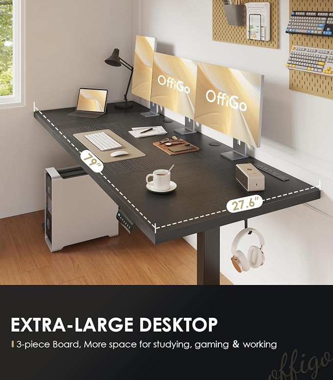 OffiGo 79 Inch Executive Electric Standing Desk, Height Adjustable Desk with Power Outlet & 1.38" Thick 3-Piece Desktop, Sit Stand Computer Desk for Home, Office, Conference Room, Black