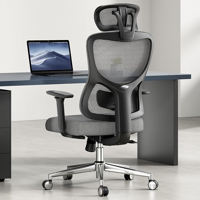 Soohow Ergonomic Office Chair,High Back Desk Chair with Adjustable Lumbar Support and Headrest,Comfy Computer Chair with 3D Armrest Recling Swivel Chair for Home, Office, Study Room, Black & Grey