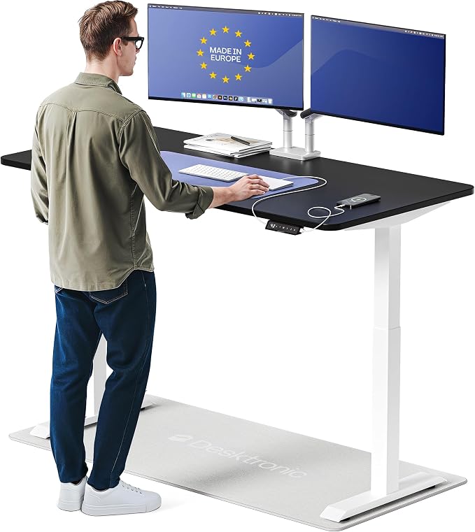 Desktronic HomeOne Standing Desk 60x30 — Ergonomic Sit Stand Home Office Desk, Made in Europe, Electric Dual Motor Height Adjustable, USB & USB-C Charging, Wobble-Free, Touchscreen, 3 Memory Presets