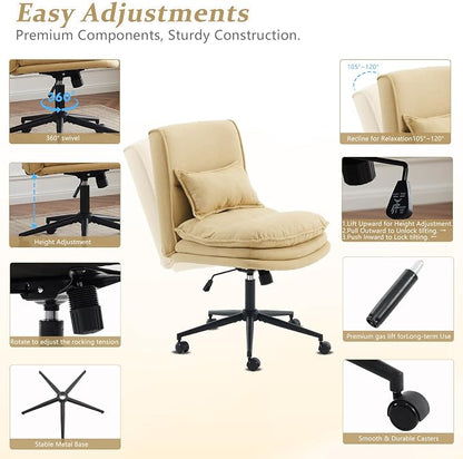 VINGLI Cloud Criss Cross Legged Chair,18" High Back Armless Home Office Desk Chair with Wheels,Wide Adjustable Comfy Padded Seat Task Computer Chair,Modern Swivel Makeup Vanity Chair,Fabric,Yellow
