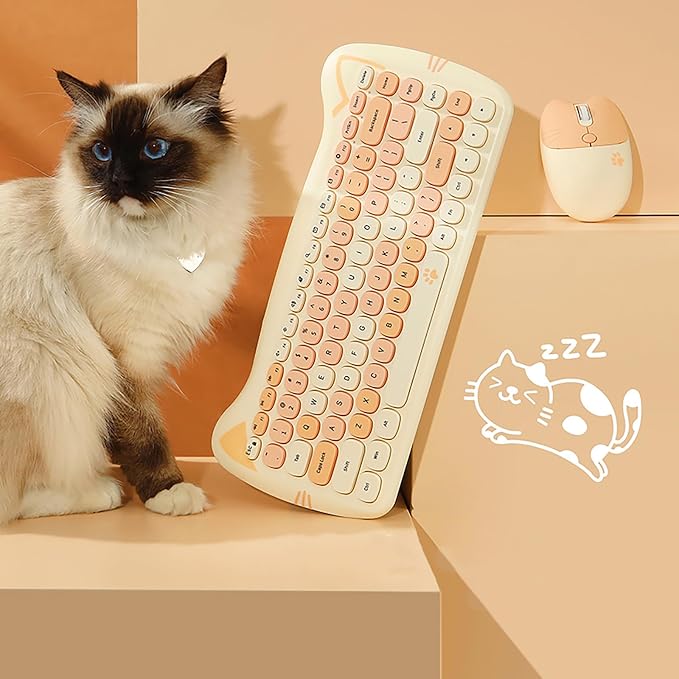 Cute Cat 2.4G USB Wireless Keyboard and Mouse Combo, Silent Keys, Candy Colors, Compatible with Notebook, PC (MilkTea-84Keys)