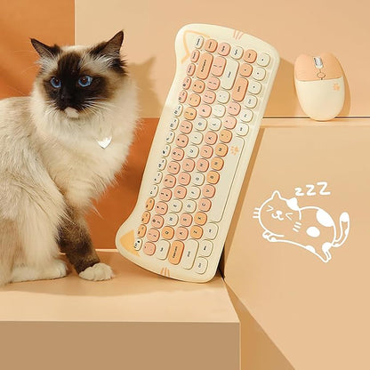 Cute Cat 2.4G USB Wireless Keyboard and Mouse Combo, Silent Keys, Candy Colors, Compatible with Notebook, PC (MilkTea-84Keys)