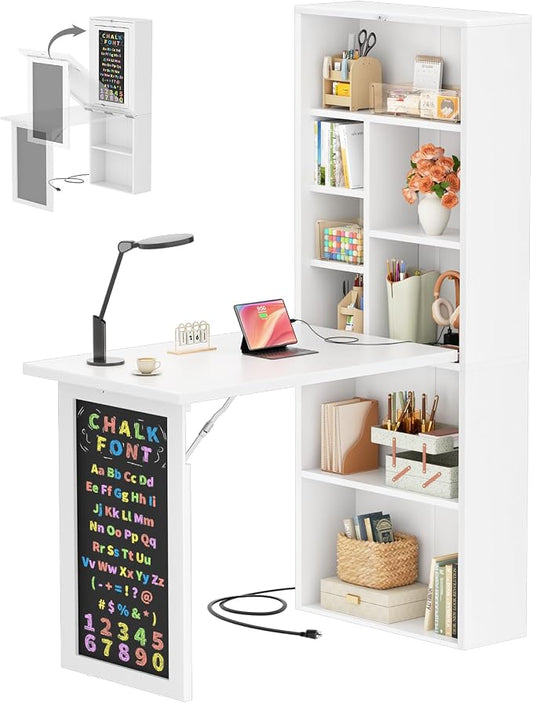 Armocity Small Folding Desk with Outlets, Convertible Writing Desk for Small Spaces/Home Office/Craft Room, Multi-Function Desk Workstation with Blackboard, Fold-Out Cabinet Table, White