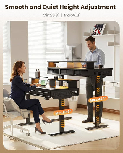 OffiGo Electric Standing Desk with 3 Wooden Drawers, 48 Inch Height Adjustable Desk with Power Outlets & LED Lights, Black Sit Stand Table with Monitor Stand for Home, Office, Workstation