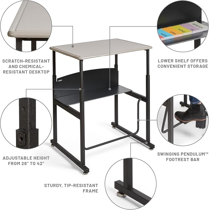 Safco AlphaBetter Student Standing Desk, Adjustable Height with Shelf and Swinging Pendulum Foot Rest, 28" W x 20" D, Gray