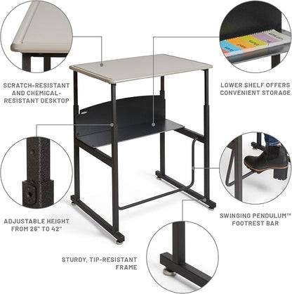 Safco AlphaBetter Student Standing Desk, Adjustable Height with Shelf and Swinging Pendulum Foot Rest, 28" W x 20" D, Gray