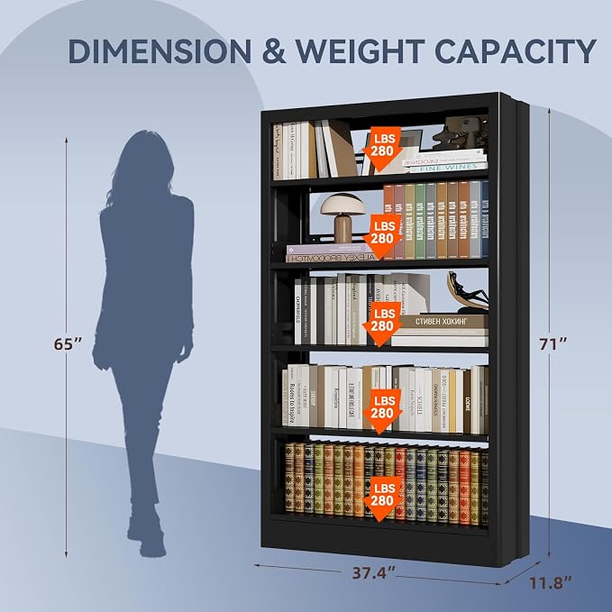 71" Metal Bookshelf, 5 Tier Library Bookcase with Adjustable Shelves, Heavy Duty Bookshelves and Bookcases, Modern Book Shelf Tall Book Case for Living Room, Office (Black, 37.4" Wide)