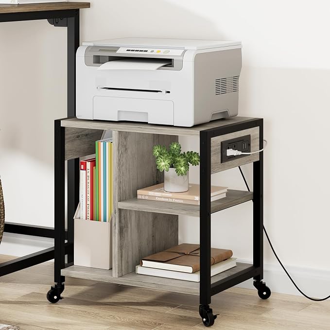 GAOMON Under Desk Printer Stand with Charging Station, Industrial Printer Table with 3 Storage Shelves, Mobile Heavy Duty Printer Cart with Lockable Wheels for Paper Storage, Home Office, Retro Gray