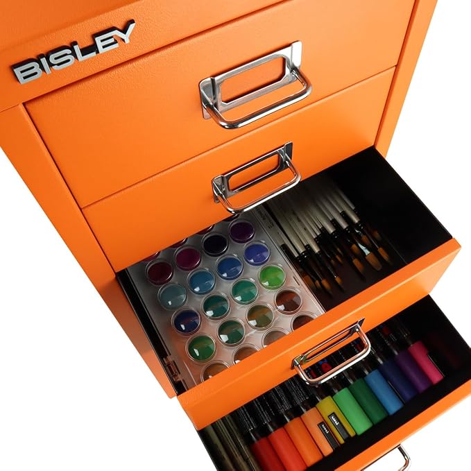 6-Drawer Steel MultiDrawer Cabinet - Orange, by Bisley | Chrome Pull Handles with Label Holders, Powder-Coated Steel, Removable Drawers, Fits Under Most Desks, Labels Included