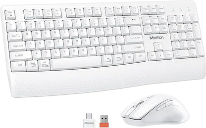 MEETION White Wireless Keyboard and Mouse, 2.4G USB Receiver Plug-and-Play, Computer Keyboard with Wrist Support, 3 Level DPI Mouse, Long Time Lasting Battery for PC/Mac/Windows/Laptop, White