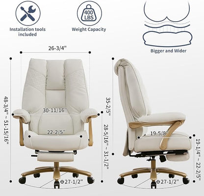EXCEBET Big and Tall Executive Office Chair with Footrest, 400LBS Capacity Ergonomic High-Back Desk Office Chair with Lumbar Support, Padded Armrests & Thick Cushion, White PU Leather Chairs