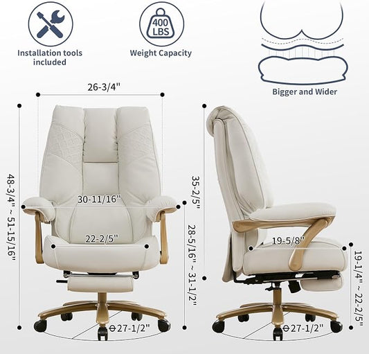 EXCEBET Big and Tall Executive Office Chair with Footrest, 400LBS Capacity Ergonomic High-Back Desk Office Chair with Lumbar Support, Padded Armrests & Thick Cushion, White PU Leather Chairs