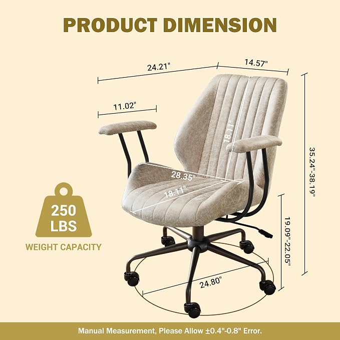 Home Office Chair,Ergonomic Computer Chair with Lumbar Support Adjustable Height,Mid-Century Modern Office Chair with Rolling Swivel Chair for Home Office Game Study(PU Leather Mid Back Chair,Beige)