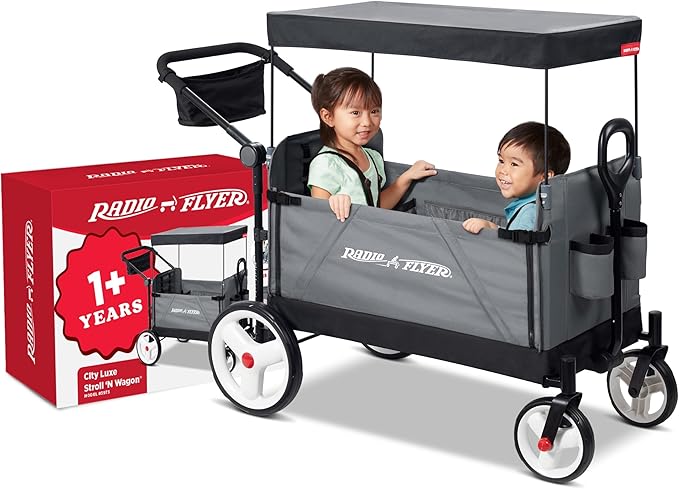 Radio Flyer City Luxe Stroll 'N Wagon, Ages 1+, 3-in-1 Push or Pull, Easy Fold, UV Canopy, 5-Point Harnesses, Front Caster & 12" Rear Wheels, Stroller Wagon, Amazon Exclusive