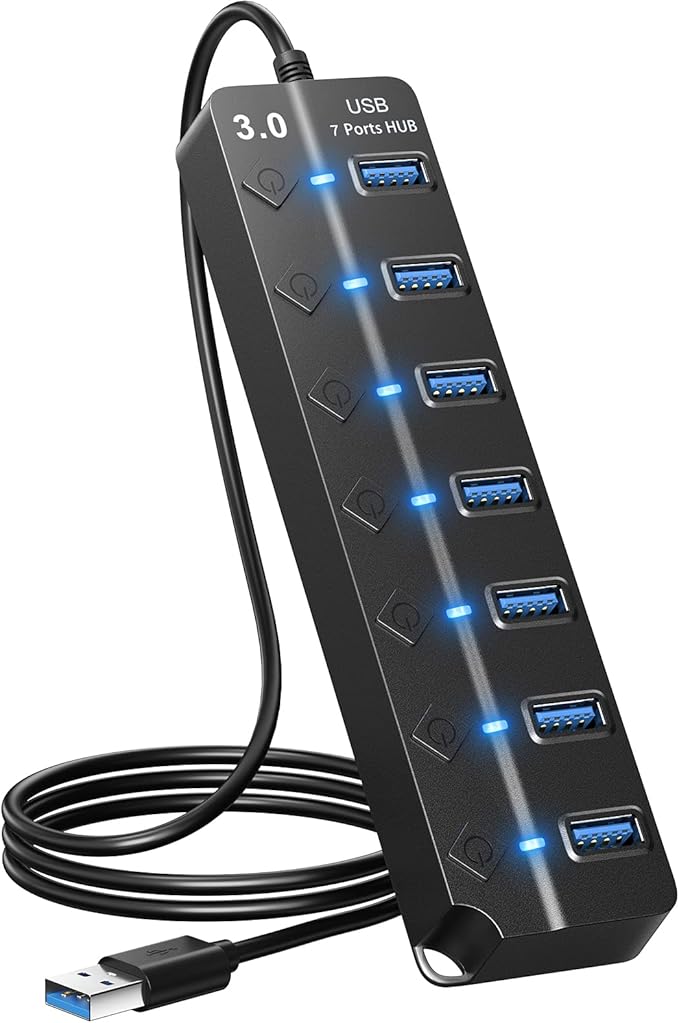 ONFINIO USB Hub 3.0, 7-Port USB A Splitter with Individual On/Off Switches and Lights, 3.2ft/1m Long Cable, Extender for A Port Laptop, PC, Desktop