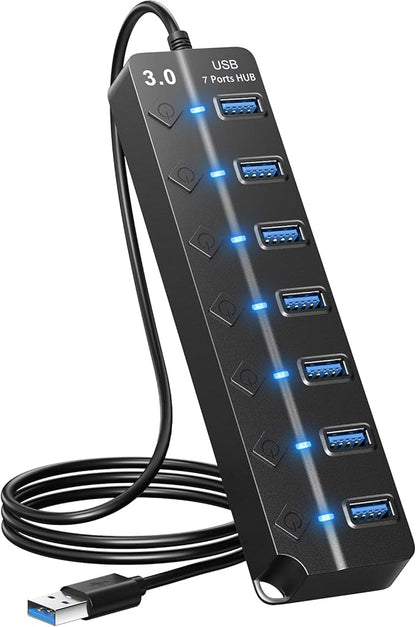 ONFINIO USB Hub 3.0, 7-Port USB A Splitter with Individual On/Off Switches and Lights, 3.2ft/1m Long Cable, Extender for A Port Laptop, PC, Desktop