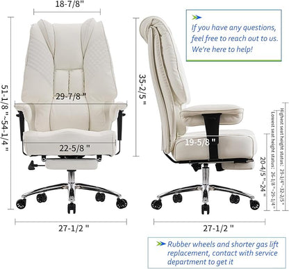 EXCEBET Big and Tall Office Chair 400lbs Wide Seat, Leather High Back Executive Office Chairs with Foot Rest, Ergonomic Lumbar Support for Lower Back Pain Relief (White)