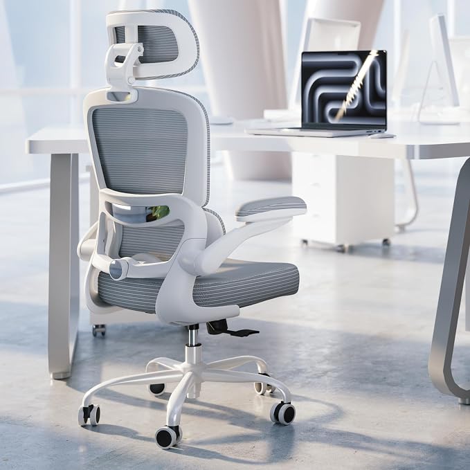 TRALT Ergonomic Office Chair - Desk Chair with Adjustable Headrest Lumbar Support Computer Chair - Mesh Comfy Chair with Flip-up Armrests - Gaming Chairs for Adults Home Office (Leather, Grey)