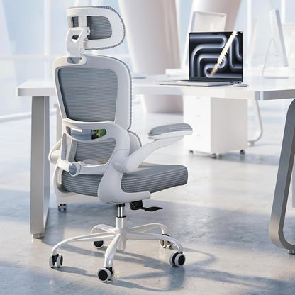 TRALT Ergonomic Office Chair - Desk Chair with Adjustable Headrest Lumbar Support Computer Chair - Mesh Comfy Chair with Flip-up Armrests - Gaming Chairs for Adults Home Office (Leather, Grey)