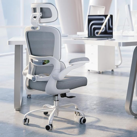 TRALT Ergonomic Office Chair - Desk Chair with Adjustable Headrest Lumbar Support Computer Chair - Mesh Comfy Chair with Flip-up Armrests - Gaming Chairs for Adults Home Office (Leather, Grey)