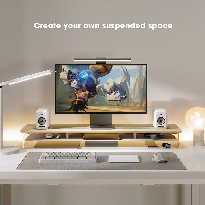 Fenge Acrylic Monitor Stand, 42.5 Inch Clear Dual Monitor Riser with Metal Storage, 2 Tier Computer Riser with LED Lights for Desk, Laptop, Printer, TV