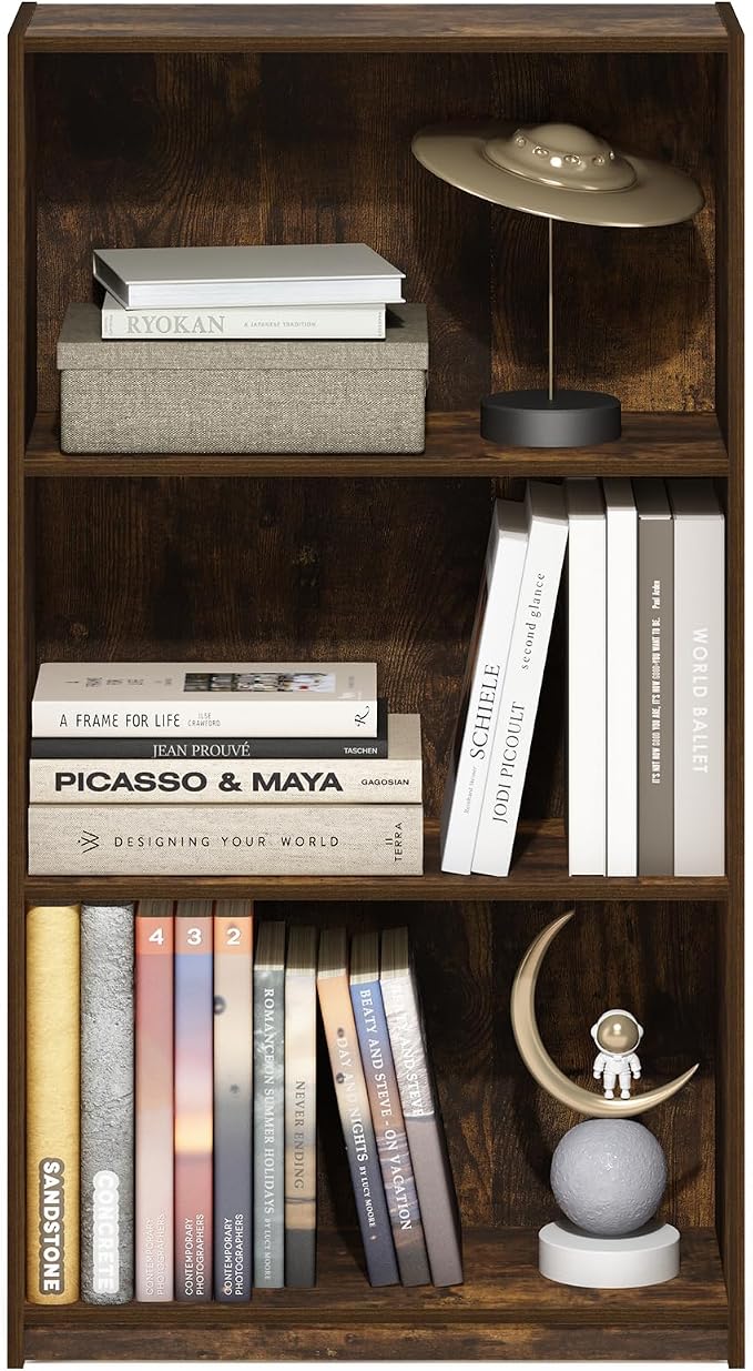 Furinno Basic Book Shelf, 3-Tier Modern Bookshelf, Bookcase with Open Shelves, 9.3 x 21.8 x 39.5, for Living Room, Bedroom, Home Office, Amber Pine