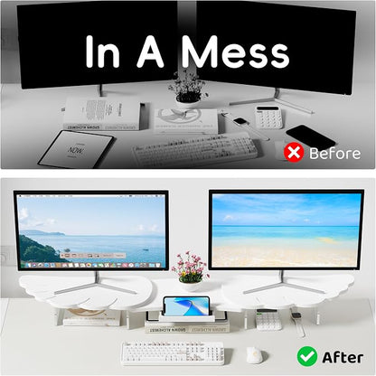 AFOOYO Dual Monitor Stand Riser, Wing-Shaped Sturdy Desktop Wood Stand for 2 Monitors, White Riser for Laptop, PC, Computer