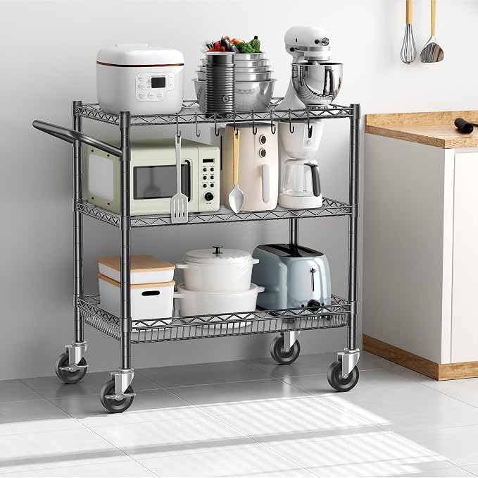 1050Lbs Heavy Duty Utility Cart with Wheels 3 Tier Rolling Metal Cart, Commercial Grade Storage Cart with Handle Bar & Shelf Liner, Trolley Wire Serving Cart for Garage, Kitchen, Restaurant
