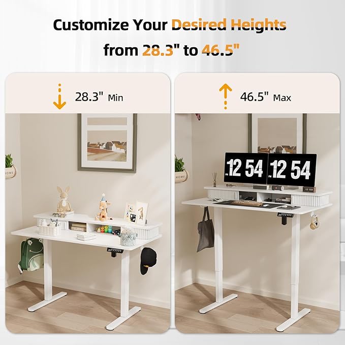 JOY worker Height Adjustable Electric Standing Desk with Storage Shelves, 48 Inch Table with Built-in Monitor Stand, Sit Stand Desk with 2 Hooks for Home Office, White