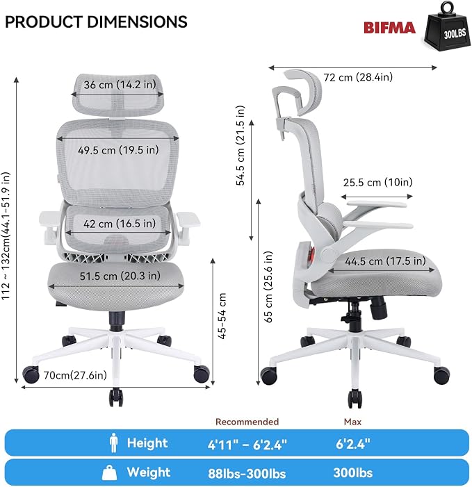 SIHOO B100 SE Office Chair, Soft Memory Foam Desk Chair with Adaptive Lumbar Support & 2D Flip-up Armrests, 135° tilt Computer Chair for Home Office, White