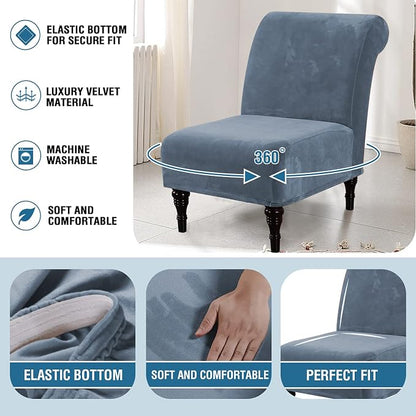 H.VERSAILTEX Armless Accent Chair Covers Thick Velvet Armless Chair Slipcovers High Stretch Chair Covers for Living Room Hotel Furniture Protector with Elastic Bottom(Small, Stone Blue)
