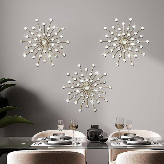 ZEXUIRU 3 Set Gold Starburst Wall Art for Home Decor Metal Bling Crystal Rhinestones Sunburst Wall Decor Sparkling Rhinestone Art Accent Gold - 13in