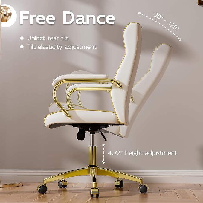 HomeZeer White and Gold Office Chair, Luxury Leather Executive Desk Chair | Elegant Timeless Appeal, Vintage Mid Back Styling with Wheels and Padded Arms, Thick High Density Foam Comfort